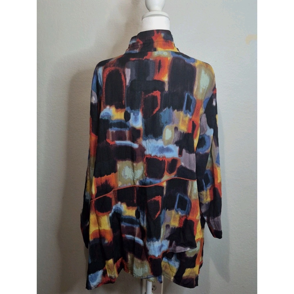 Ali Miles 1X Abstract Print Button Up Shirt Roll Tab Sleeve Artsy Boho Lagenlook - Picture 5 of 6